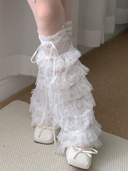 White Tiered Lace Trim Self-tie Strap Leg Warmers