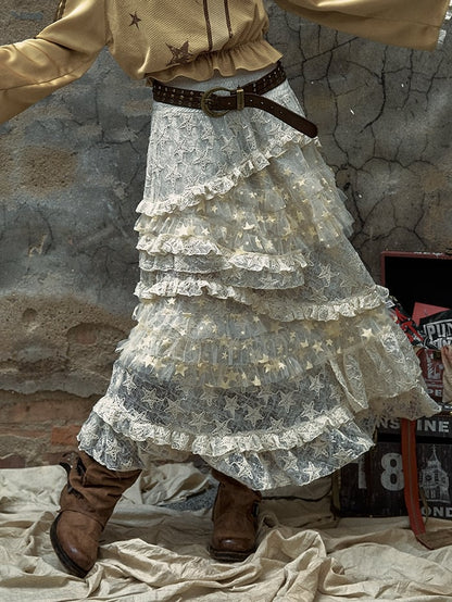 Apricot Vintage High Waist Romantic Stars Pattern Lace Skirt