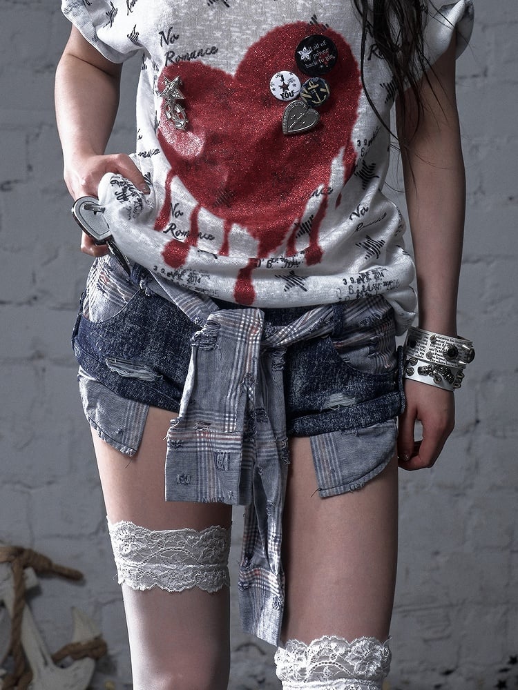Y2K Blue Low Waist Distressed Holes Punk Bodycon Shorts with Detachable Sleeves