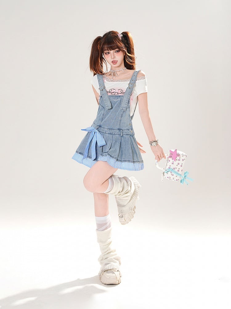 Blue Plaid Hem and Bowknot Box Pleat Adjustable Straps Denim Overall Dress
