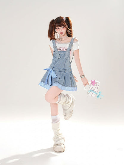 Blue Plaid Hem and Bowknot Box Pleat Adjustable Straps Denim Overall Dress