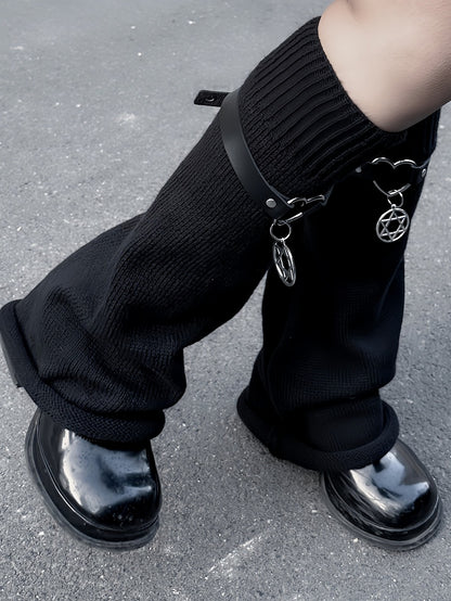 Y2K Black Pentagram Charm Strap Design Knit Leg Warmers