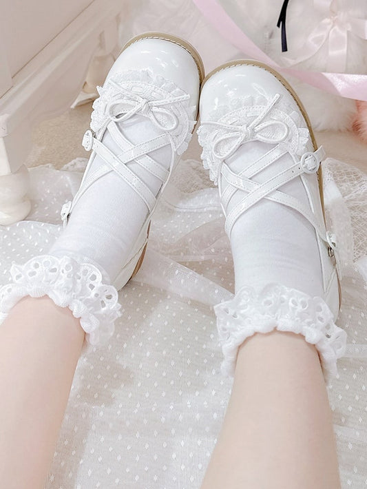 White Crisscross Design Lace Trim Bow at Top Lolita Shoes