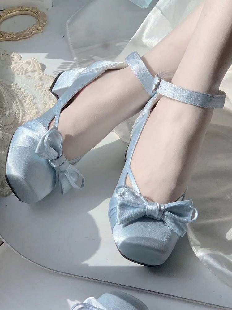 Blue Elegant Bow at Top Mary Janes With Dual Detachable Buckle Ankle Straps