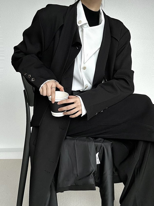 Ouji Lolita Black Vintage Long Trench Coat with Button Placket & Tie Neck