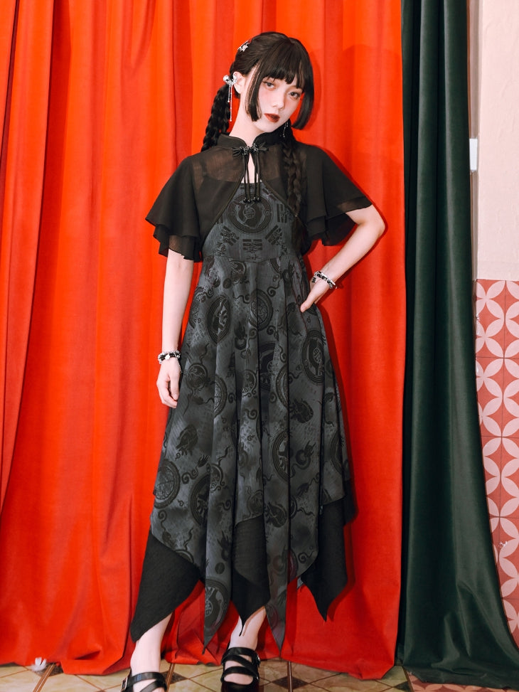 Black Banded Collar Double-layered Flounce Sleeves Cheongsam Style Cropped Top