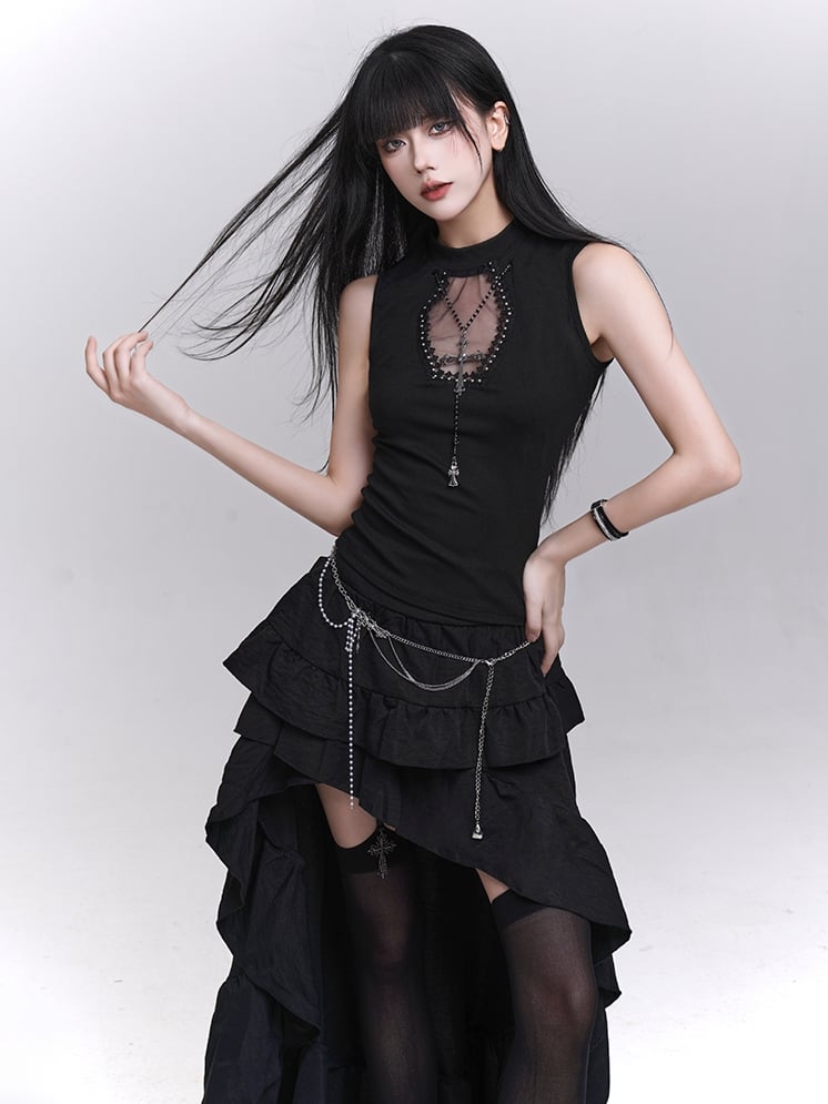 Studded Coffin-Shaped Cutout Black Tank Top with Free Cross Necklace