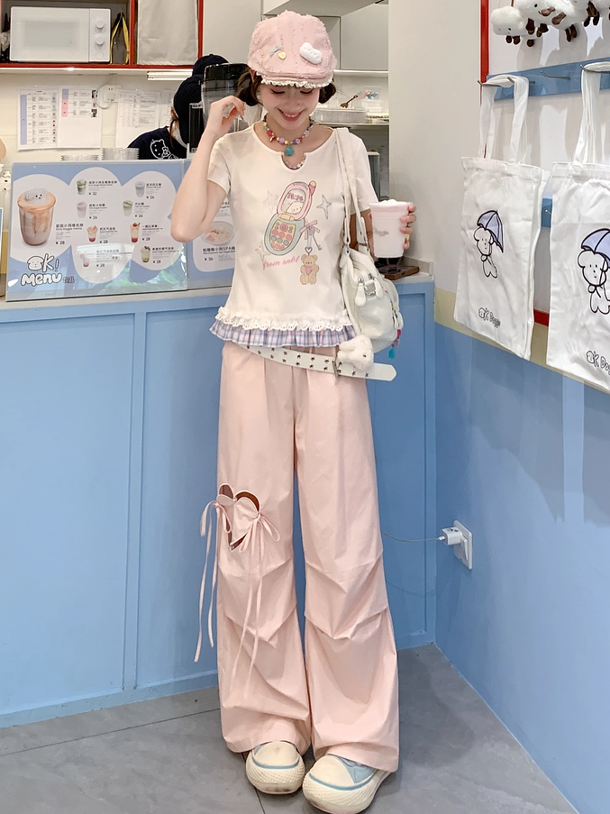 Blue/Pink Drawstring Waist Heart-shaped Cutout Wide-leg Pants