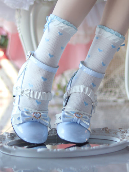 Bow Accents Blue Block Heel Mary Janes