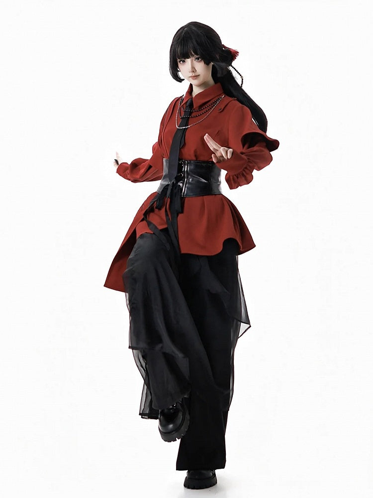 Red Cheongsam Style Draping Shirt - Detachable Cape & Embroidered Bamboo