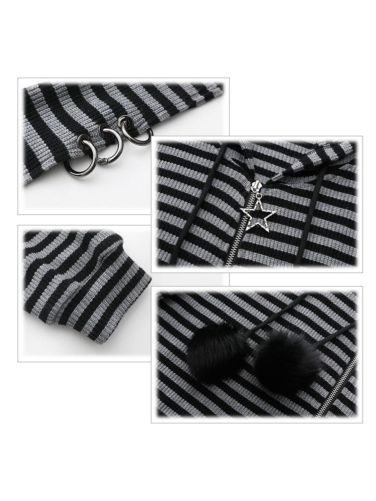 Plus Size Black & Gray Stripes Bunny Hoodie Jacket with Pompon Drawstrings