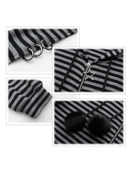 Plus Size Black & Gray Stripes Bunny Hoodie Jacket with Pompon Drawstrings