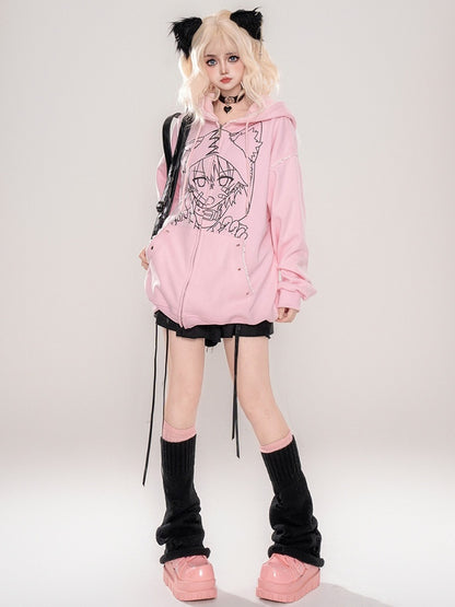 Punk Black/Pink Anime Girl Print Cat Ears Design Zip Hoodie