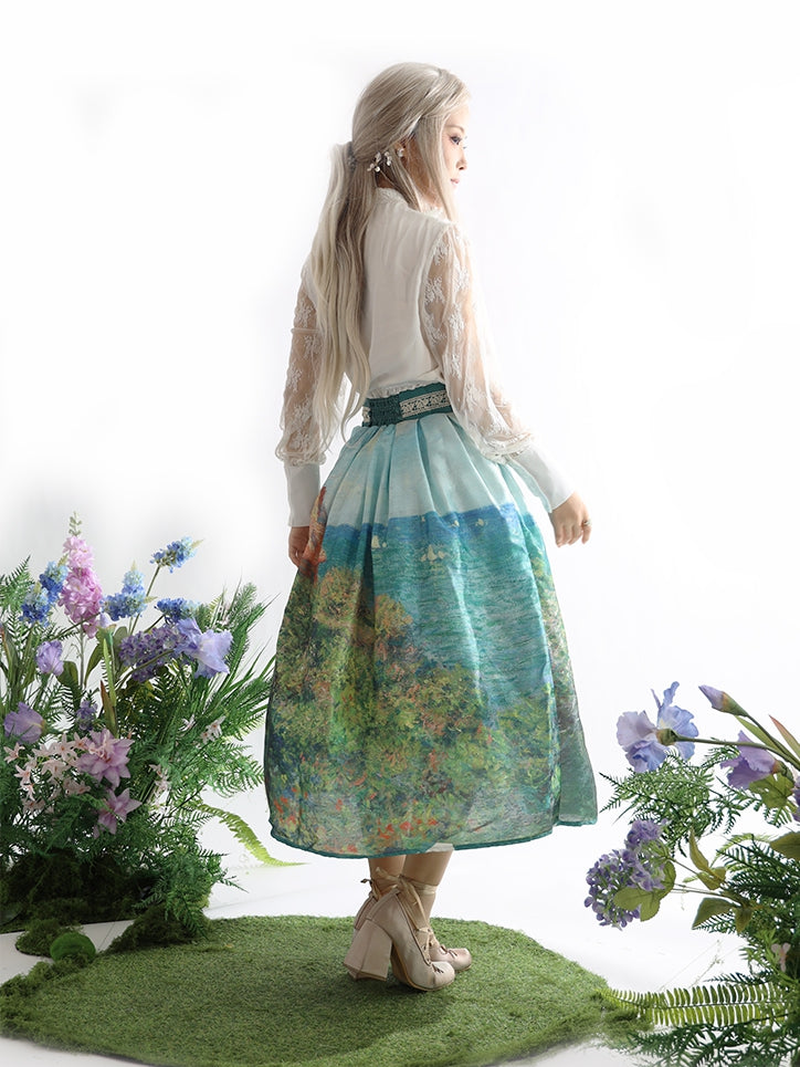 Fisherman's Cottage Oil Painting Print Geen High Waist Skirt Long/Short Version