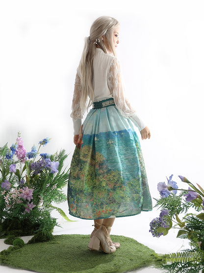 Fisherman's Cottage Oil Painting Print Geen High Waist Skirt Long/Short Version