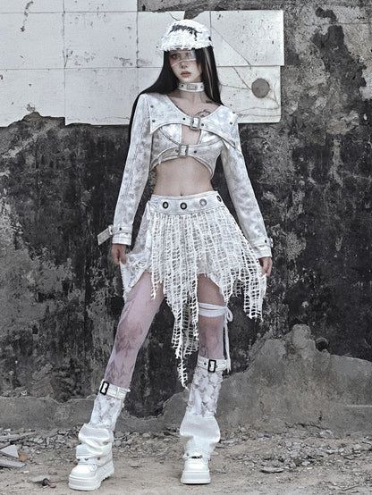 Grey Punk Buckle Closure Padded Shoulders Cropped Top