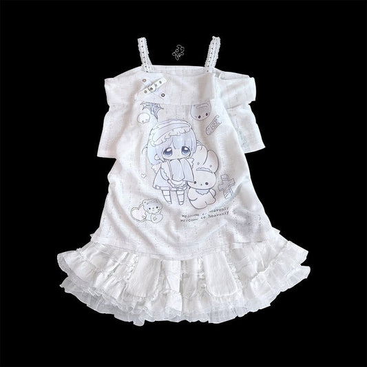 Yami Kawaii Cartoon Print Off-the-shoulder Neckline White Jirai Kei T-shirt