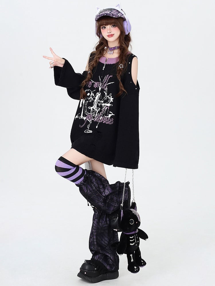 Black Punk Cutout Shoulder Distressed Sweater with Studs