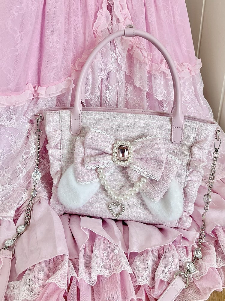 Pink Elegant Lolita Shoulder/Crossbody/Handbag - Plush Bunny Ear Bow, Rhinestone Heart & Beaded Chain Charm