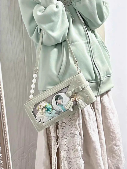 Green PU Floral Pattern Cheongsam Style Ita Bag With Bow & Fringe Accent