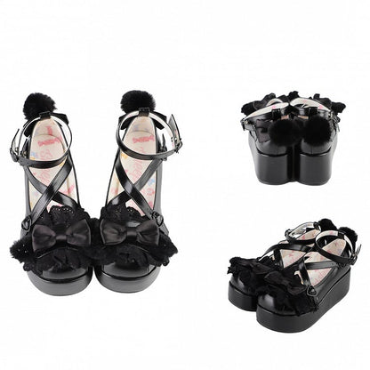 Black Crisscross Design Plush Bunny Ear Decorated Bow at Top Platforms With Pompon