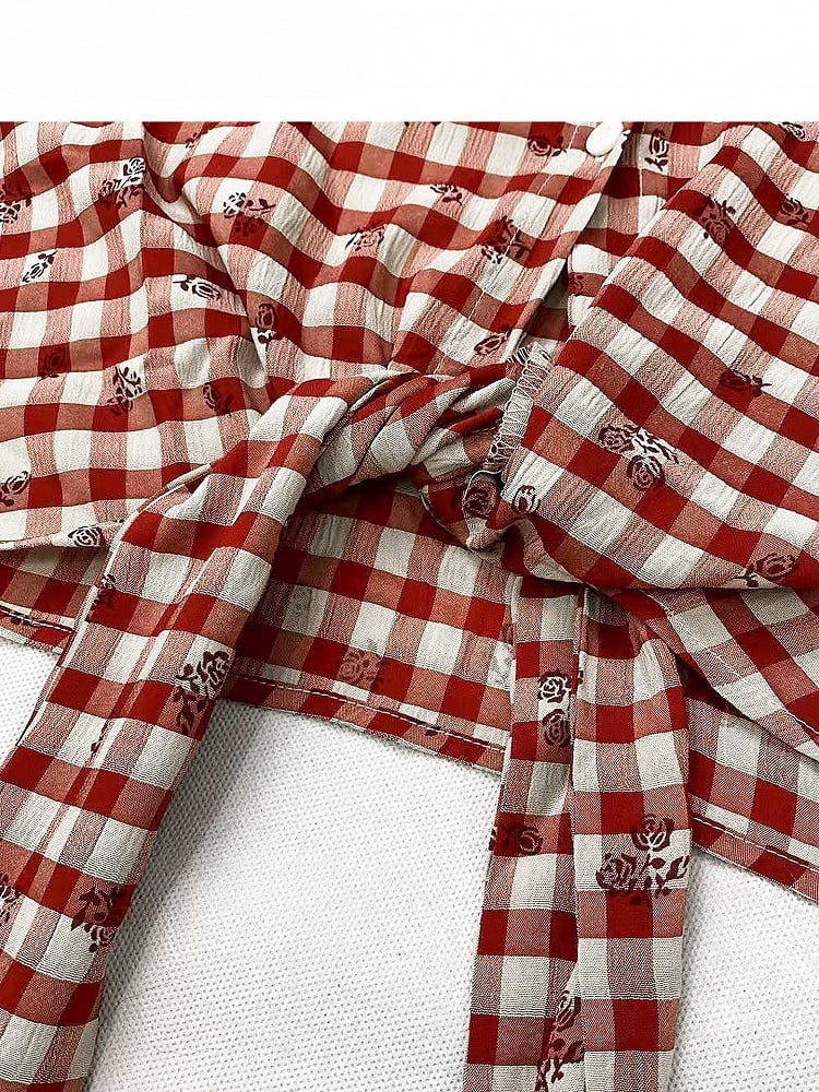 Red Plaid Pattern Floral Print Twist Details Shirt + Thigh-high Slit High-low Skirt