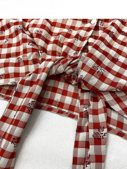 Red Plaid Pattern Floral Print Twist Details Shirt + Thigh-high Slit High-low Skirt