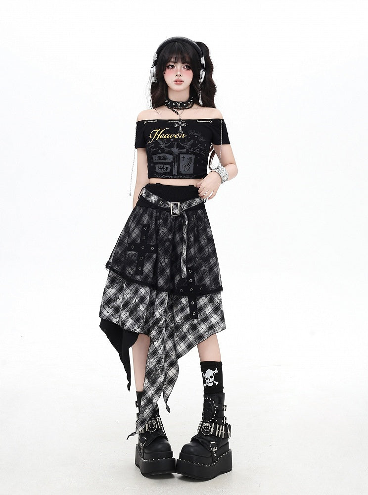 Black and White Plaid Handkerchief Hem Sleeveless Dress With Overlay Two Ways Wear