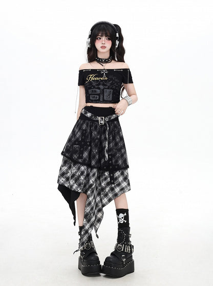 Black and White Plaid Handkerchief Hem Sleeveless Dress With Overlay Two Ways Wear