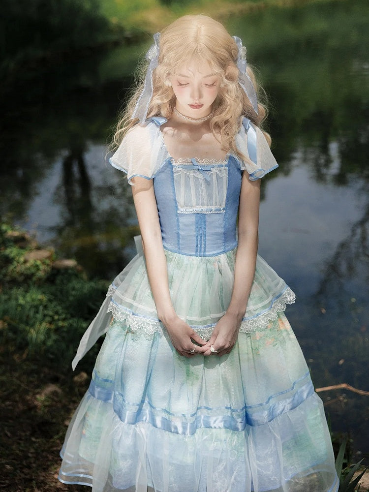 Oil Painting Water Lily Print Sky Blue Square Neckline and Flutter Sleeves One Piece