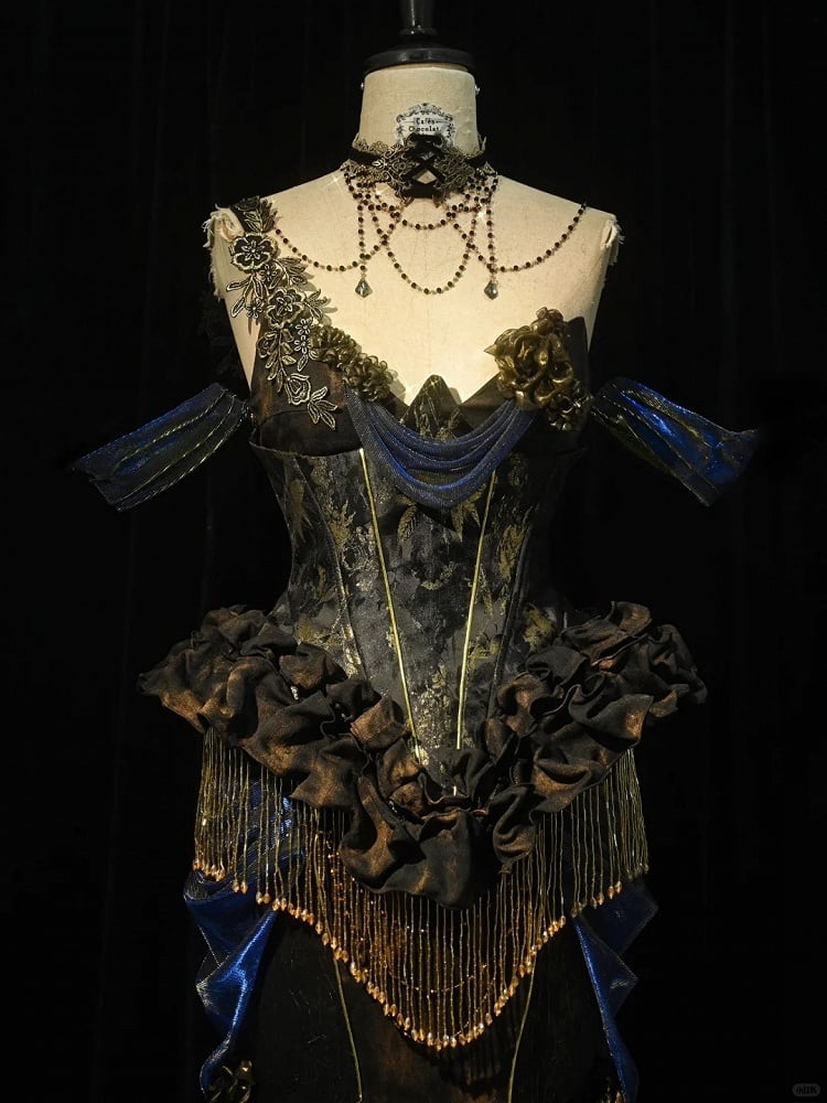 Black and Gold Gorgeous Tassels Boned Corset Top / Corset Top + Gold Chiffon Skirt