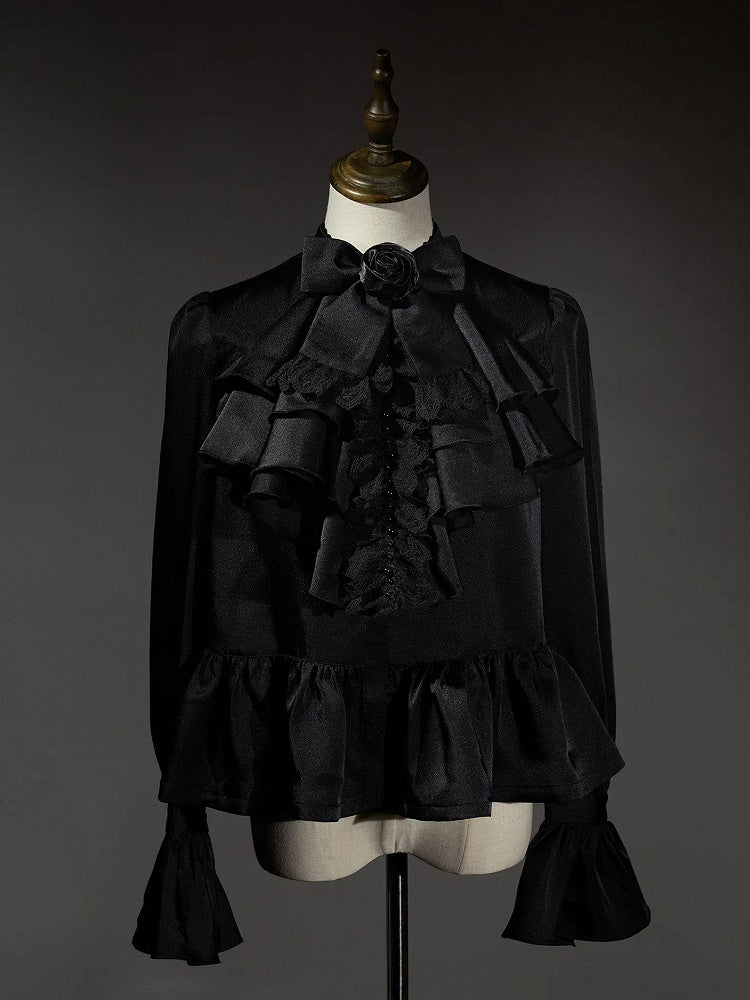 Clearance-Black and Red Prince Outfit Ouji Lolita Full Set -Size M for Bust 98CM Black Long Sleeves Shirt + Waist 74CM Waistcoat + Waist 70-74CM Black Pants