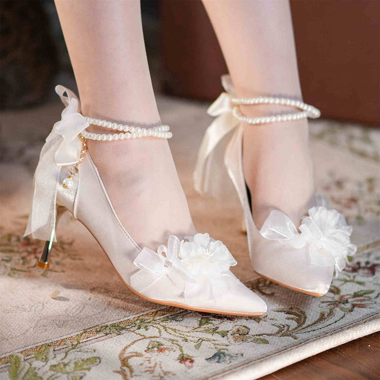 Beige Floral Bowknot Beaded Chain 6CM/8CM Hime Lolita Heels