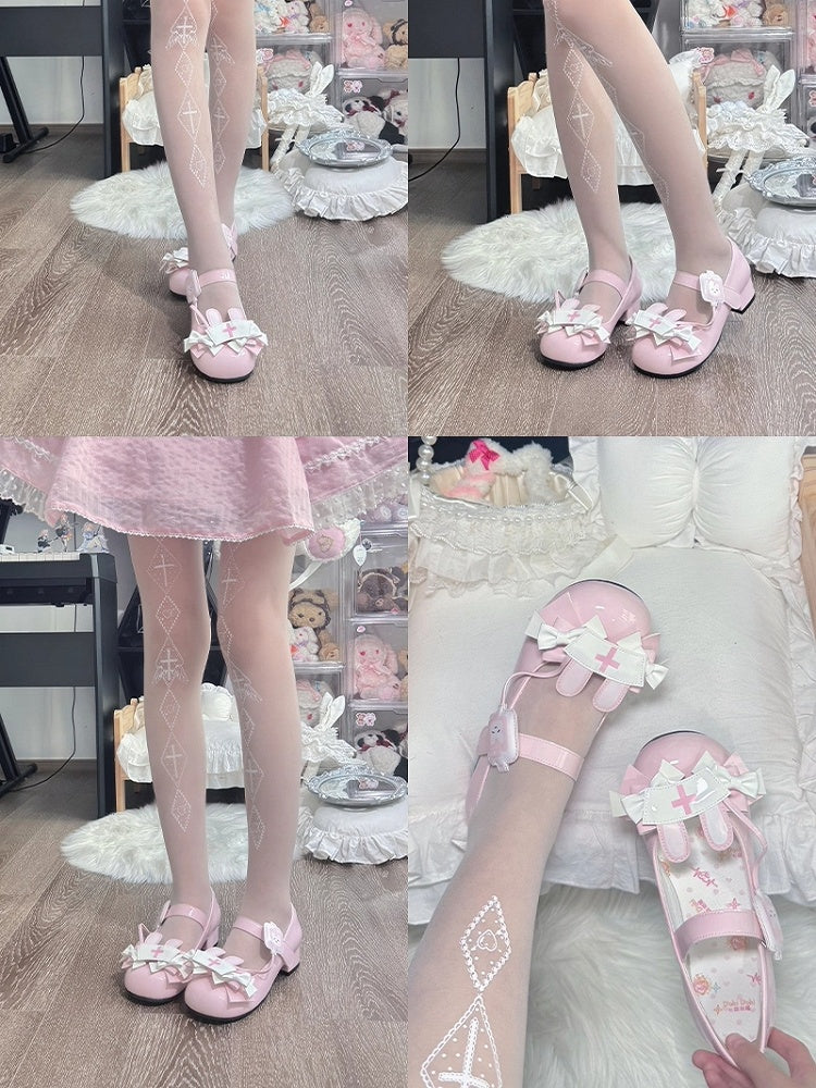 PU Pink Sweet Lolita Mary Janes - Medical Bunny Theme with Bow Accents & Velcro Strap Closures