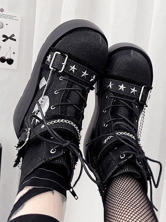 Black Moon Applique Buckle Ankle Strap Platform Boots
