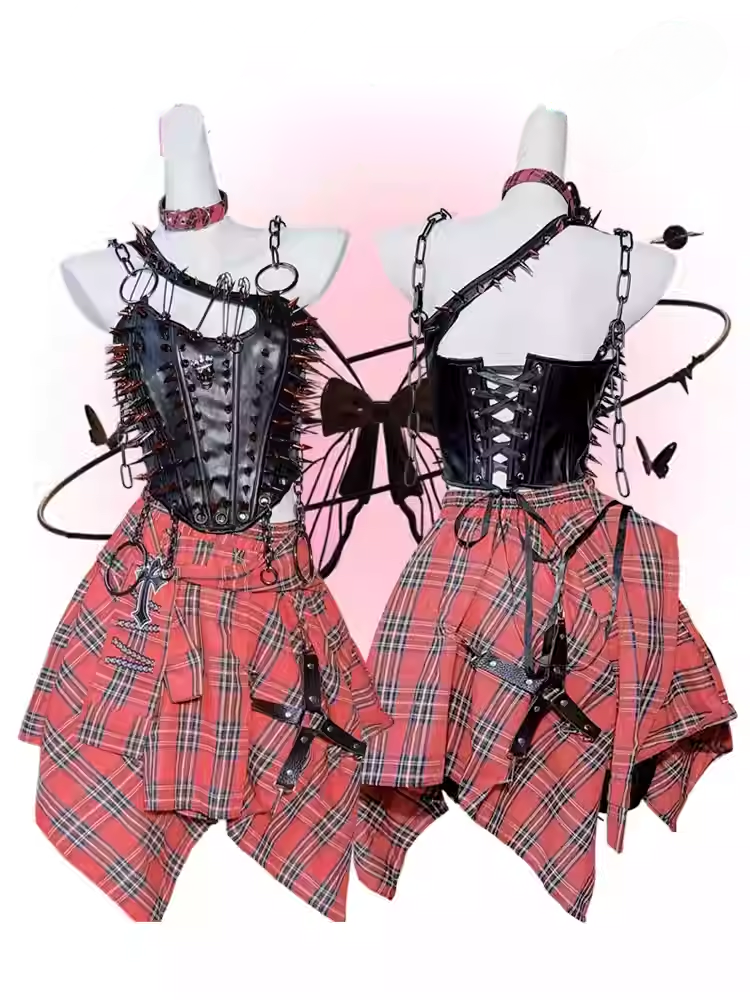 Black Punk Stud Pin Chain Detail PU Cami Top with Lace-up Closure at Back