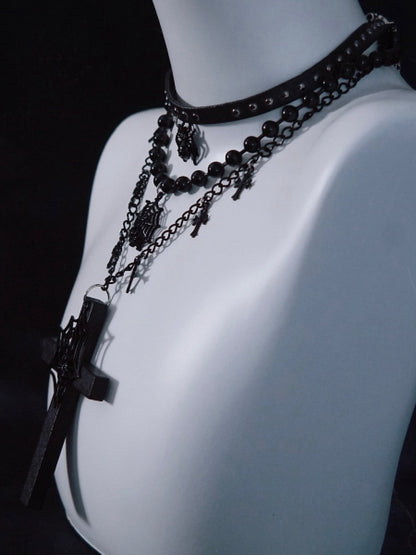 Spider Web and Cross Pendant Black Gothic Triple Layered Necklace
