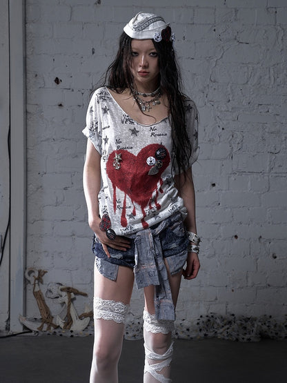 Black/White Distressed Design Navycore Graphic T-shirt