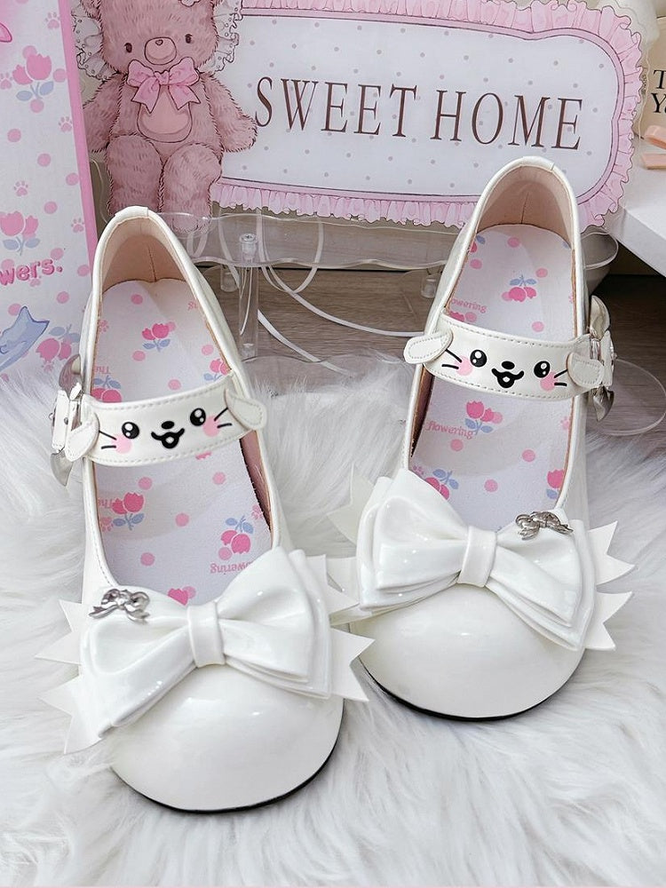 White Sweet Lolita Mid-heel Mary Janes with Puppy Details & Top Bow