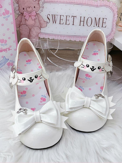 White Sweet Lolita Mid-heel Mary Janes with Puppy Details & Top Bow