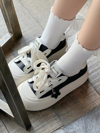 Black Daily Kawaii Shoes - White Platform Sole, Star & Bear Patchwork Design