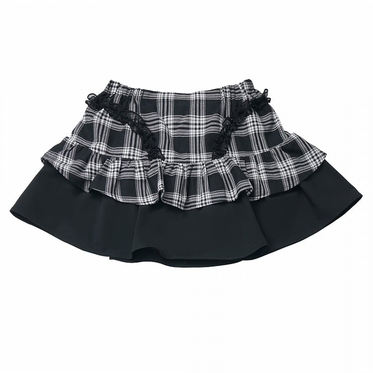 Black Plaid Tiered Skirt with Lace Trim