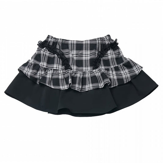 Black Plaid Tiered Skirt with Lace Trim