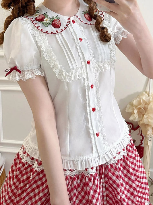 Clearance-Size M for Bust 94CM Red Strawberry Embroidery Collar White Short Sleeves Blouse