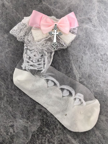 White Lolita Semi-sheer Calf Socks With Lace Cuffs And White/Gray/Pink Bowknot Details