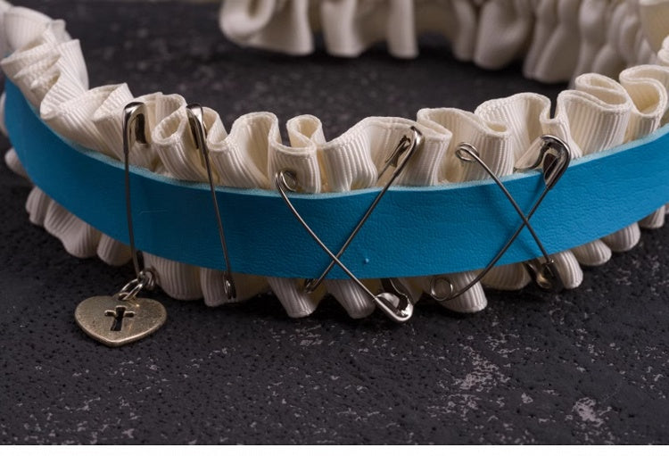 Heart Charm Blue and White PU Buckle Ruffled KC