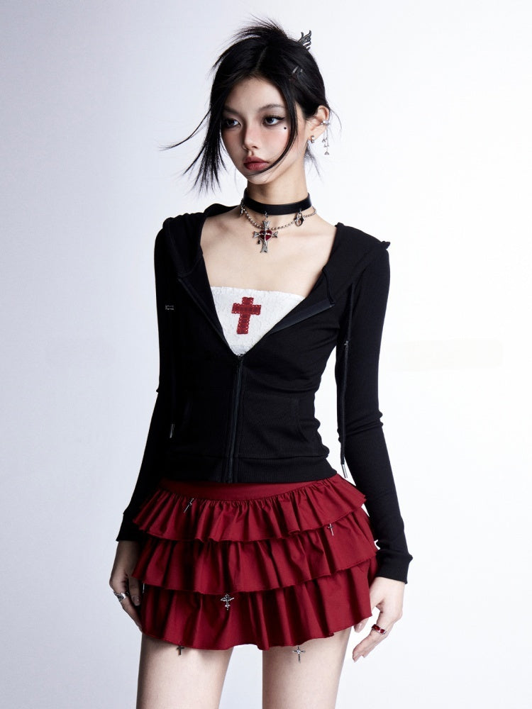 Gothic Red Cross Applique White Cropped Strapless Top/Red Cross Charms Tiered Skirt