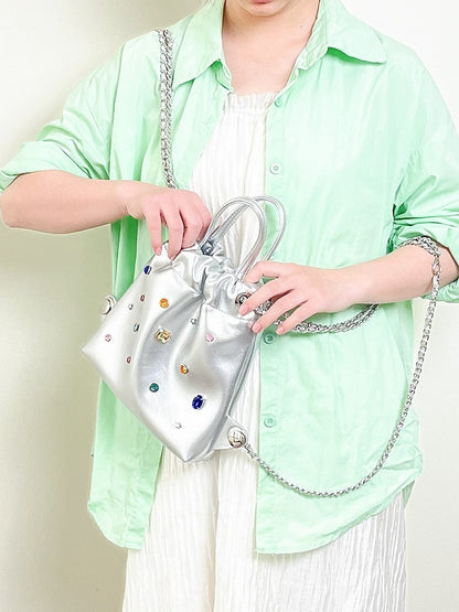 Glamorous Silver Drawstring Backpack With Rhinestone Embellishments