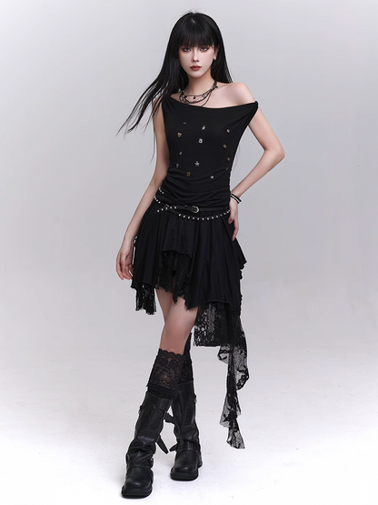 Black Lace Patchwork Cascading Ruffles Skirt