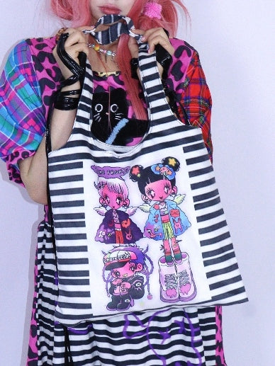 Black Y2K Striped Pattern Cartoon Print Canvas Shoulder Bag